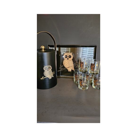 Couroc Owl Gold 8 Pc Tray 6 glasses and ice bucket -22K Gold - Picture 1 of 11